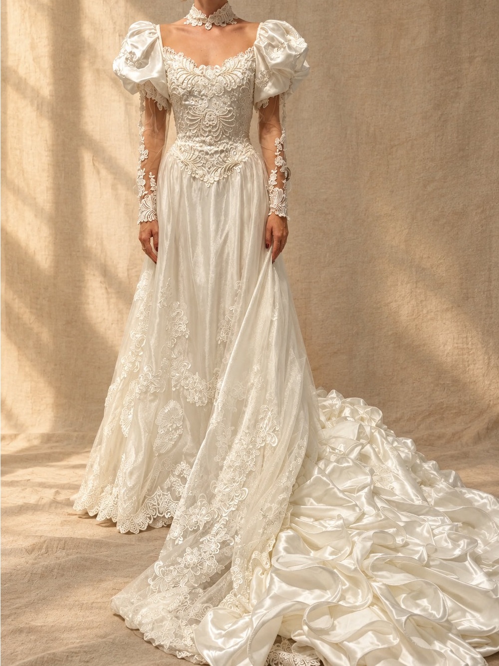 Vintage 1980s Wedding Dress, Beaded Lace, Puff Sleeves, Train, Size 4